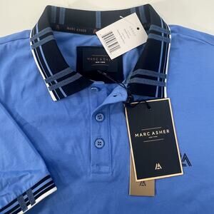 Marc Asher Polo Shirt Mens Large‎ Blue Navy Stretch Golf Collar Modern Fit